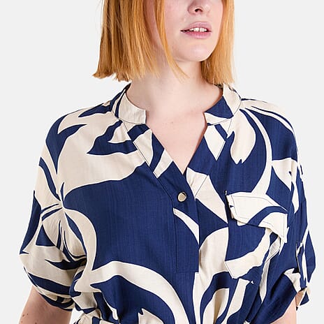 Chilli Charm Leaf Print Tie Front Relaxed Midi Dress (Size S-M) - Navy