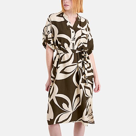 Chilli Charm Leaf Print Tie Front Relaxed Midi Dress (Size M-L) - Khaki