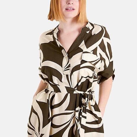 Chilli Charm Leaf Print Tie Front Relaxed Midi Dress (Size M-L) - Khaki
