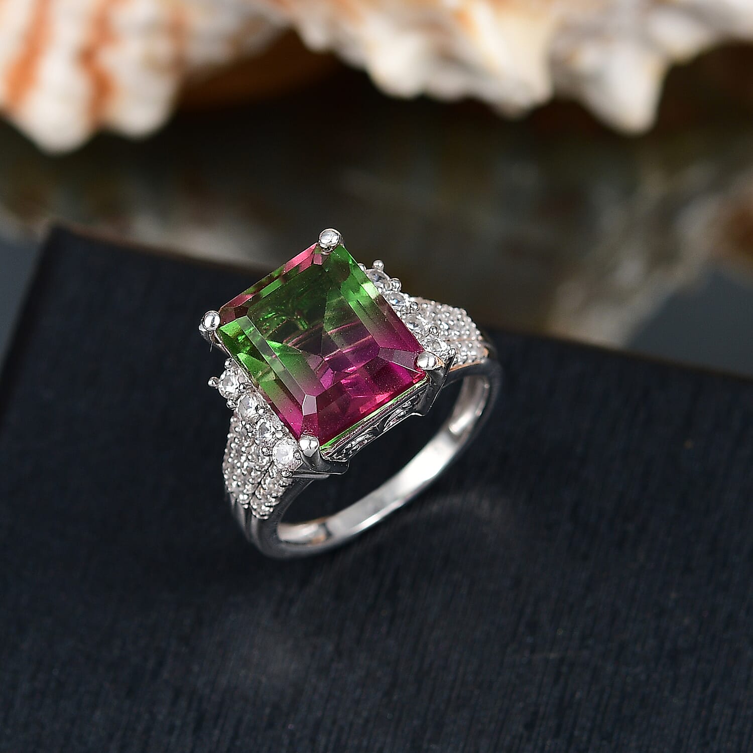 Watermelon Quartz Triplet & White Zircon Cocktail Ring in Rhodium Overlay Sterling Silver 7.17 Ct.