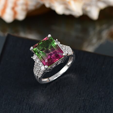 Watermelon Quartz Triplet & White Zircon Cocktail Ring in Rhodium Overlay Sterling Silver 7.17 Ct.