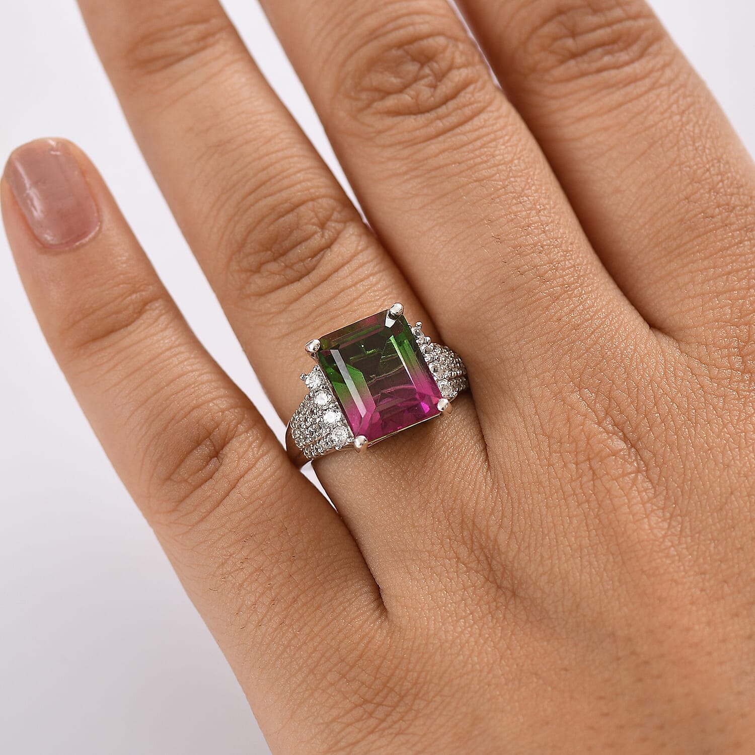 Watermelon Quartz Triplet & White Zircon Cocktail Ring in Rhodium Overlay Sterling Silver 7.17 Ct.