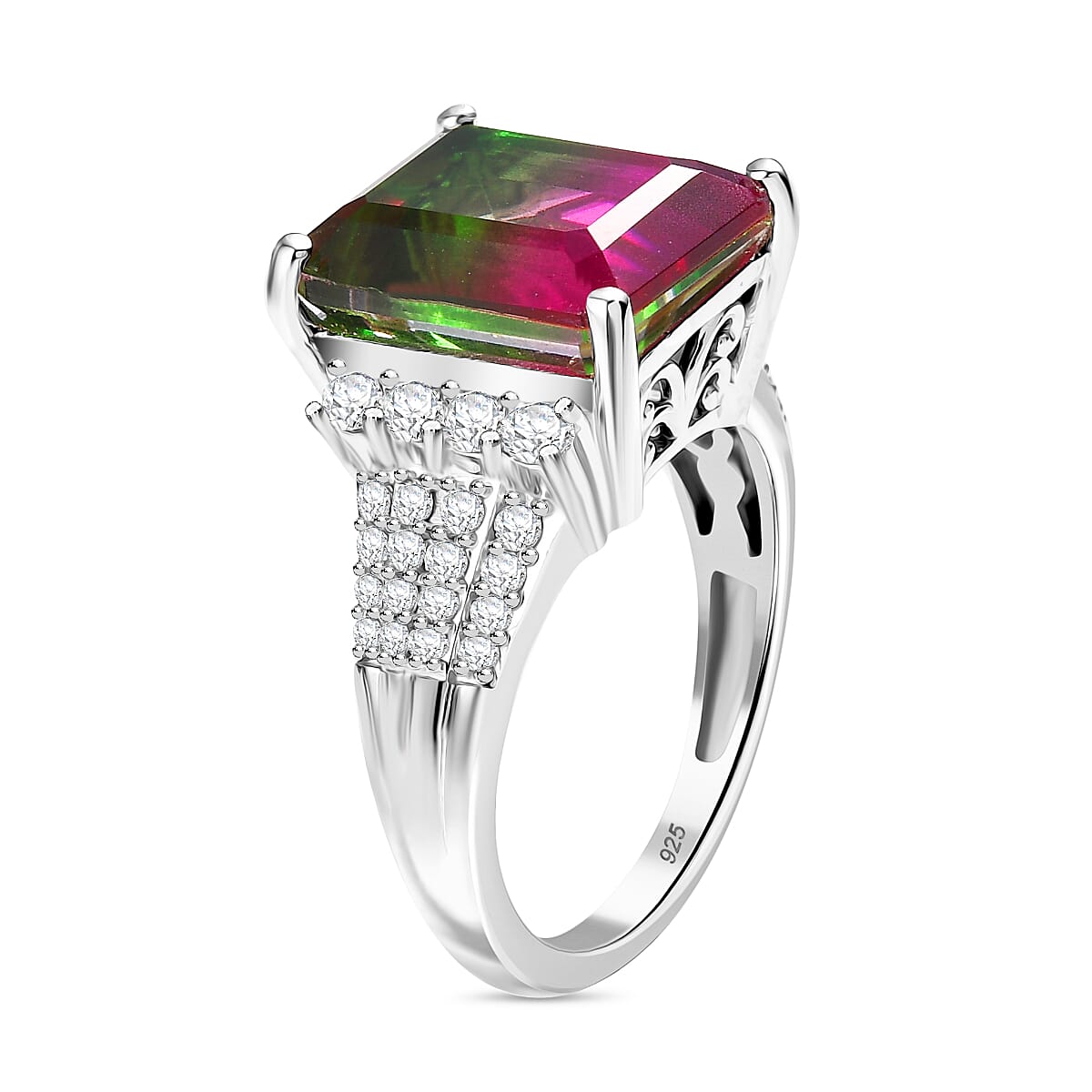 Watermelon Quartz Triplet & White Zircon Cocktail Ring in Rhodium Overlay Sterling Silver 7.17 Ct.