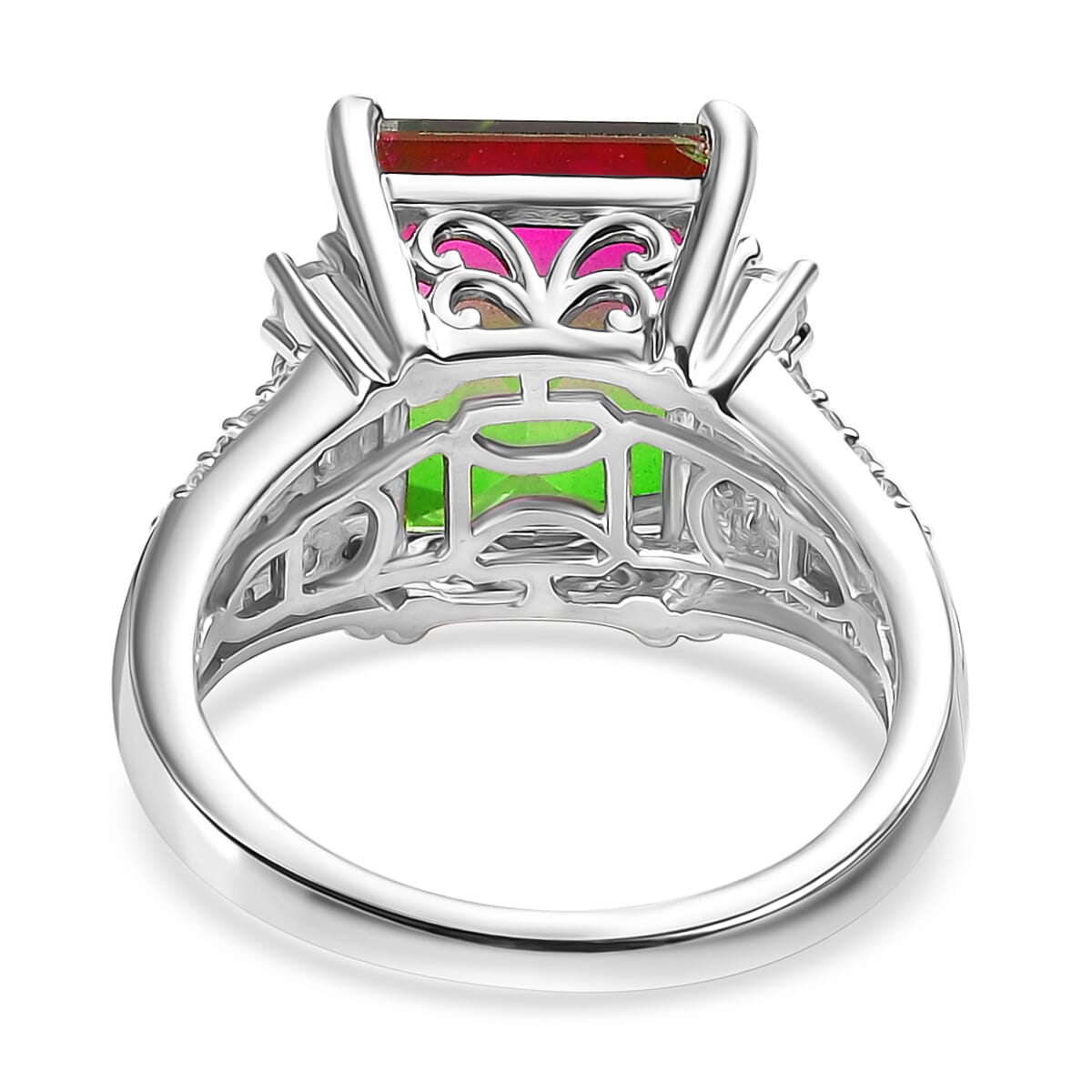 Watermelon Quartz Triplet & White Zircon Cocktail Ring in Rhodium Overlay Sterling Silver 7.17 Ct.