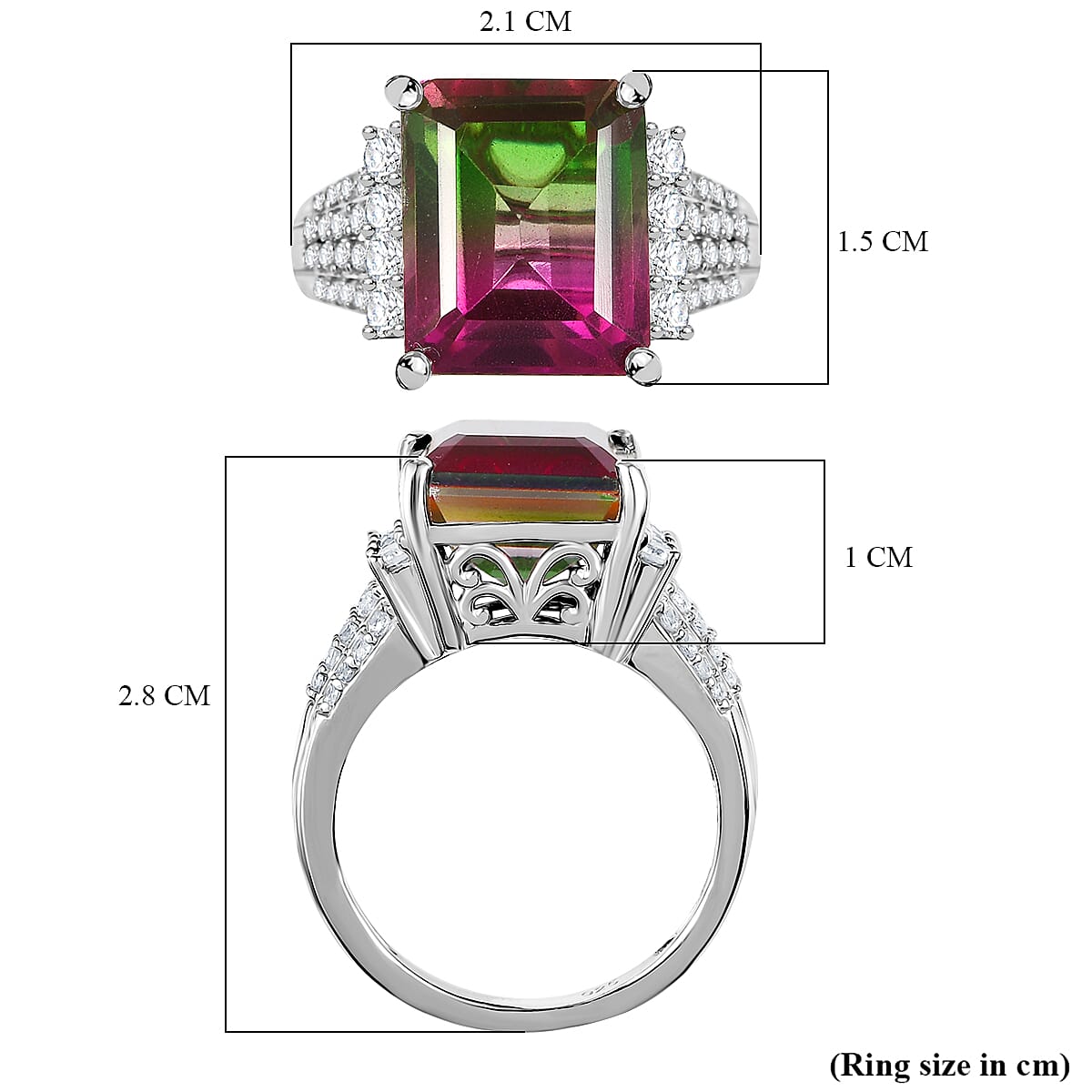 Watermelon Quartz Triplet & White Zircon Cocktail Ring in Rhodium Overlay Sterling Silver 7.17 Ct.