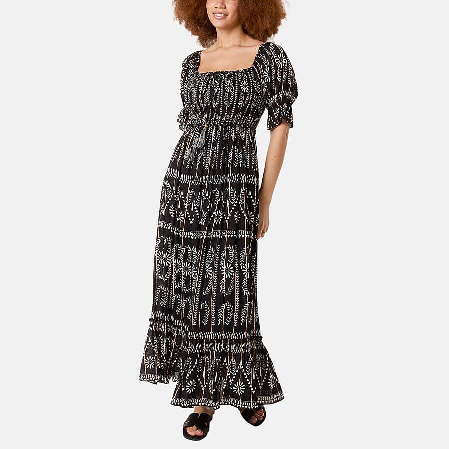 Chilli Charm Shirred Square Neck Midi Dress (Size S-M) - Black