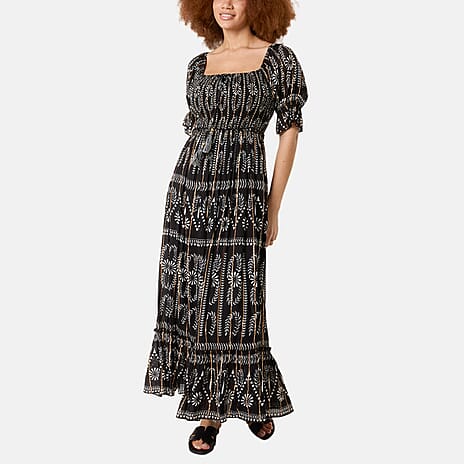 Chilli Charm Shirred Square Neck Midi Dress (Size - M-L) - Black