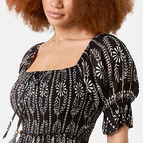 Chilli Charm Shirred Square Neck Midi Dress (Size - M-L) - Black