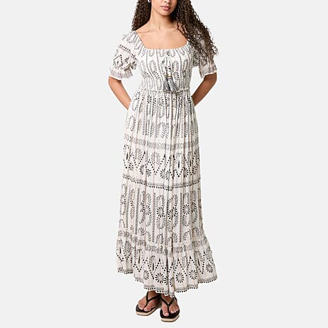 Chilli Charm Shirred Square Neck Midi Dress (Size - M-L) - Ivory