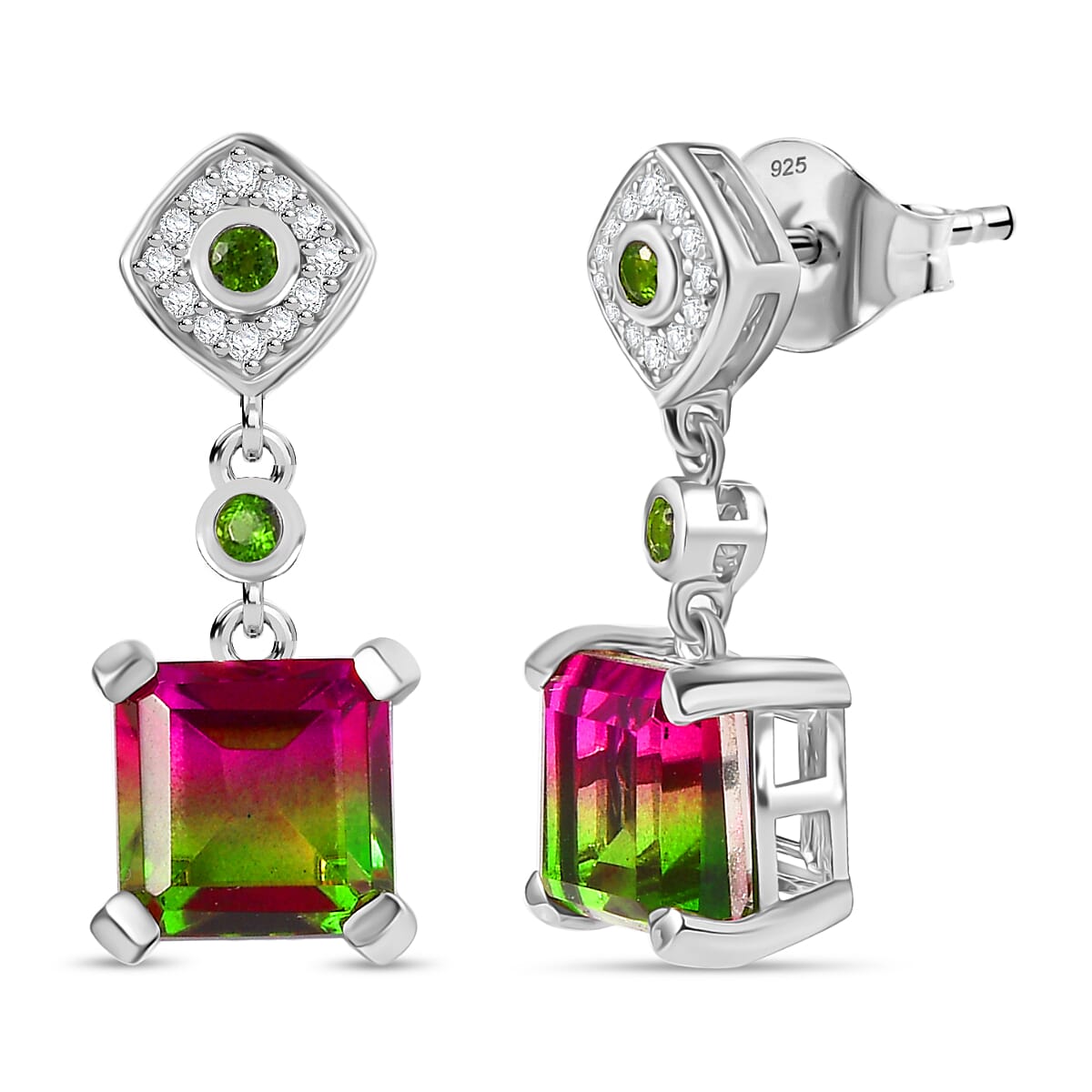 Watermelon Quartz Triplet, Natural Chrome Diopside & White Zircon Solitaire Stud Push Post Earring in Rhodium Overlay Sterling Silver 6.54 Ct.