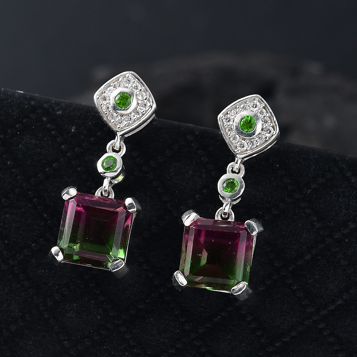 Watermelon Quartz Triplet, Natural Chrome Diopside & White Zircon Solitaire Stud Push Post Earring in Rhodium Overlay Sterling Silver 6.54 Ct.