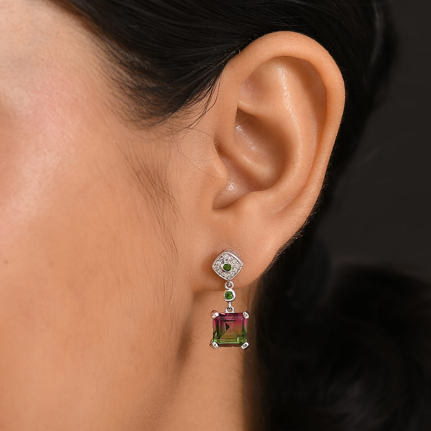 Watermelon Quartz Triplet, Natural Chrome Diopside & White Zircon Solitaire Stud Push Post Earring in Rhodium Overlay Sterling Silver 6.54 Ct.