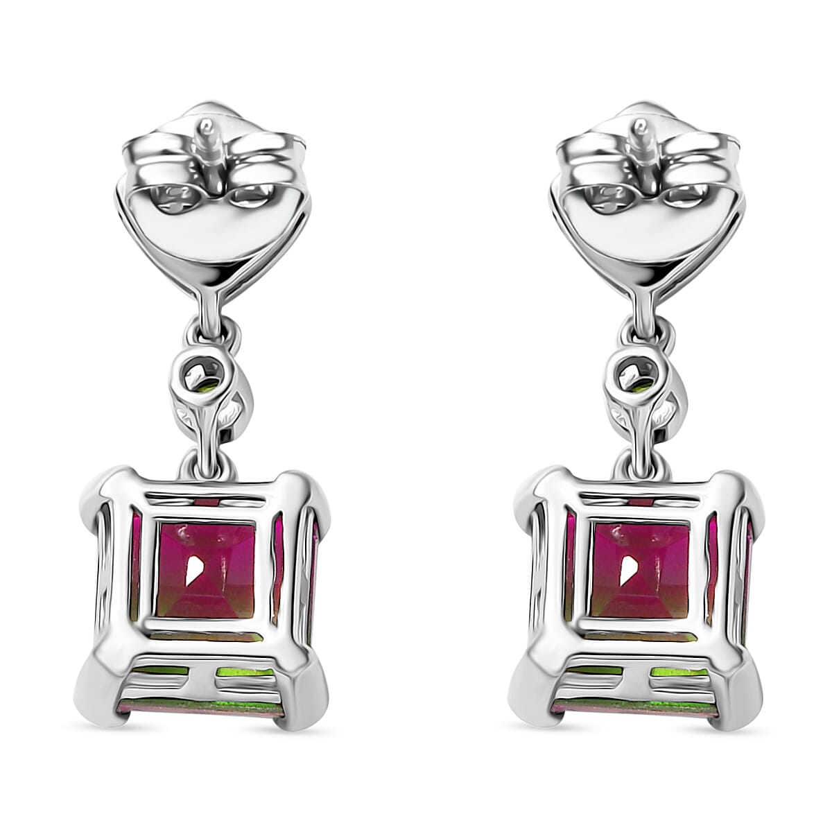 Watermelon Quartz Triplet, Natural Chrome Diopside & White Zircon Solitaire Stud Push Post Earring in Rhodium Overlay Sterling Silver 6.54 Ct.