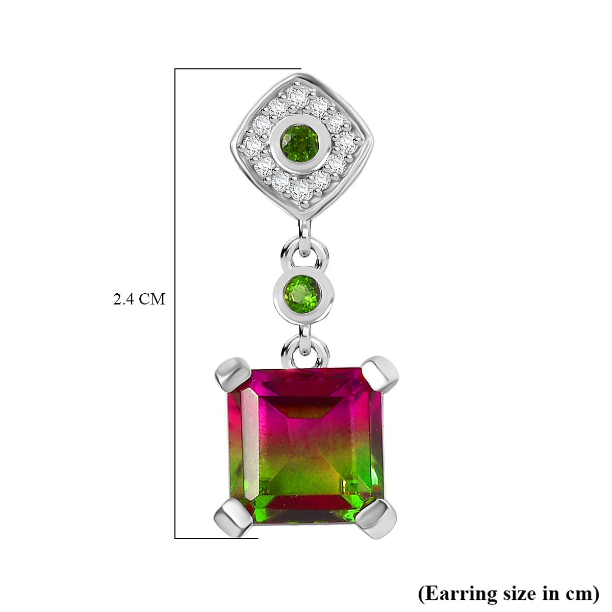 Watermelon Quartz Triplet, Natural Chrome Diopside & White Zircon Solitaire Stud Push Post Earring in Rhodium Overlay Sterling Silver 6.54 Ct.