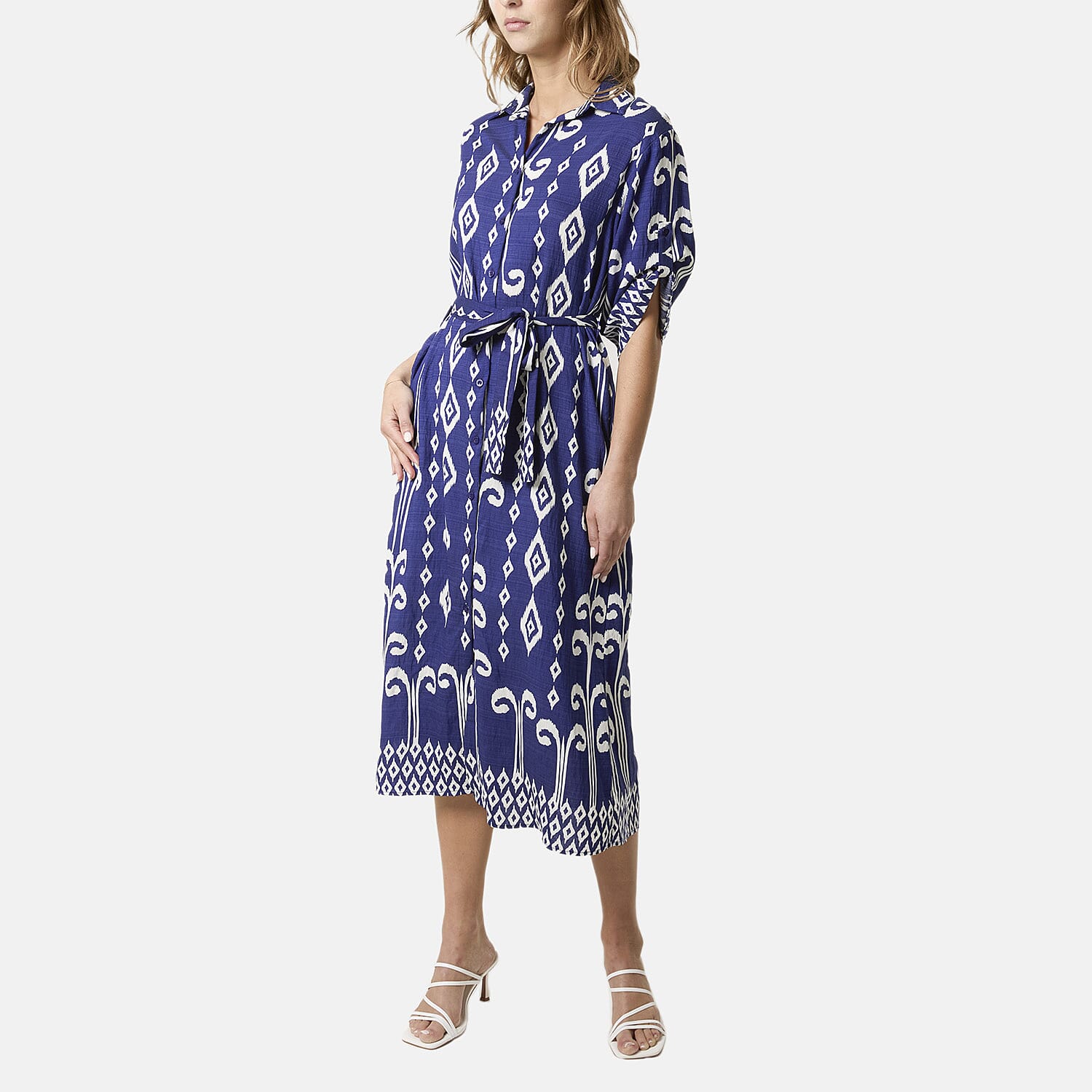 Chilli Charm Intricate White Pattern Tie-Waist Midi Dress (One Size) - Navy