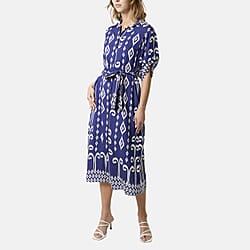 Chilli Charm Intricate White Pattern Tie-Waist Midi Dress (One Size) - Navy
