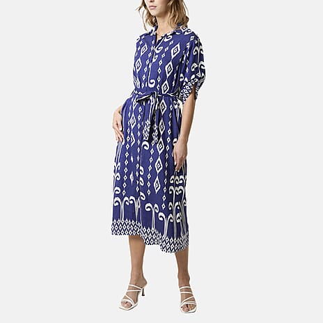 Chilli Charm Intricate White Pattern Tie-Waist Midi Dress (One Size) - Navy