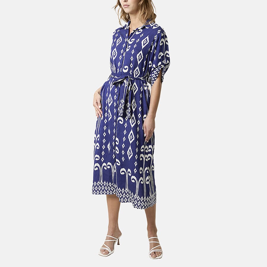 Chilli Charm Intricate White Pattern Tie-Waist Midi Dress (One Size) - Navy