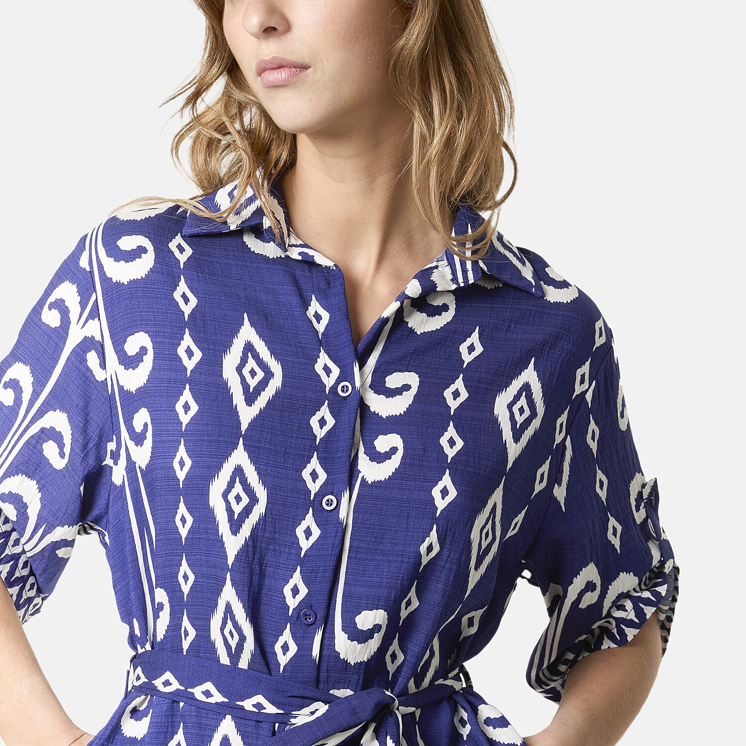 Chilli Charm Intricate White Pattern Tie-Waist Midi Dress (One Size) - Navy