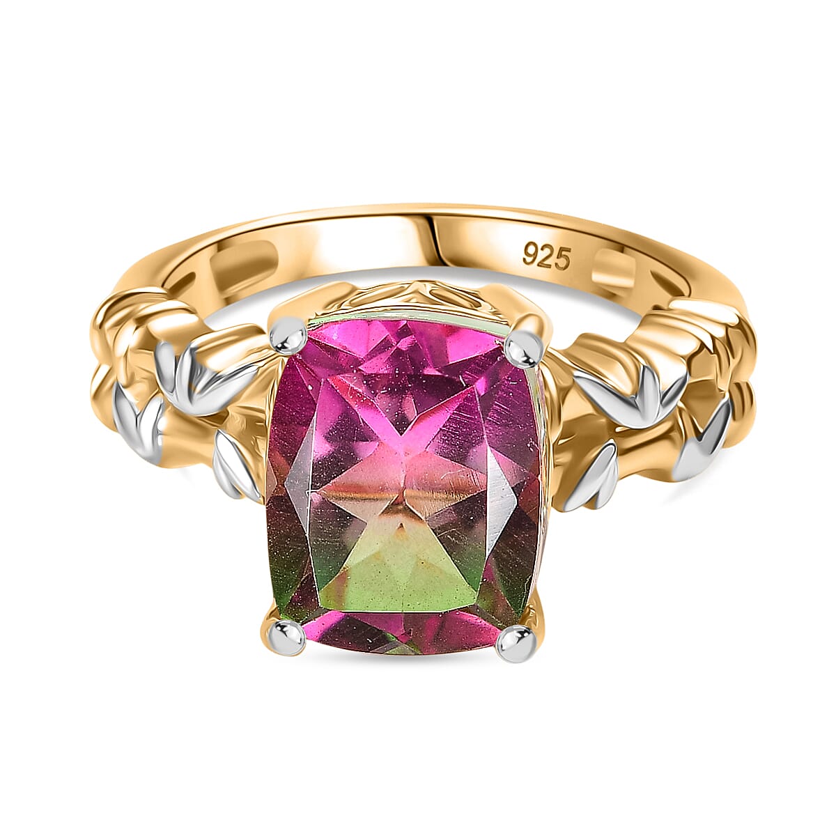 Watermelon Quartz Triplet Solitaire Ring in 18K Vermeil Yellow Gold Plated & Rhodium Overlay Sterling Silver 4.38 Ct.