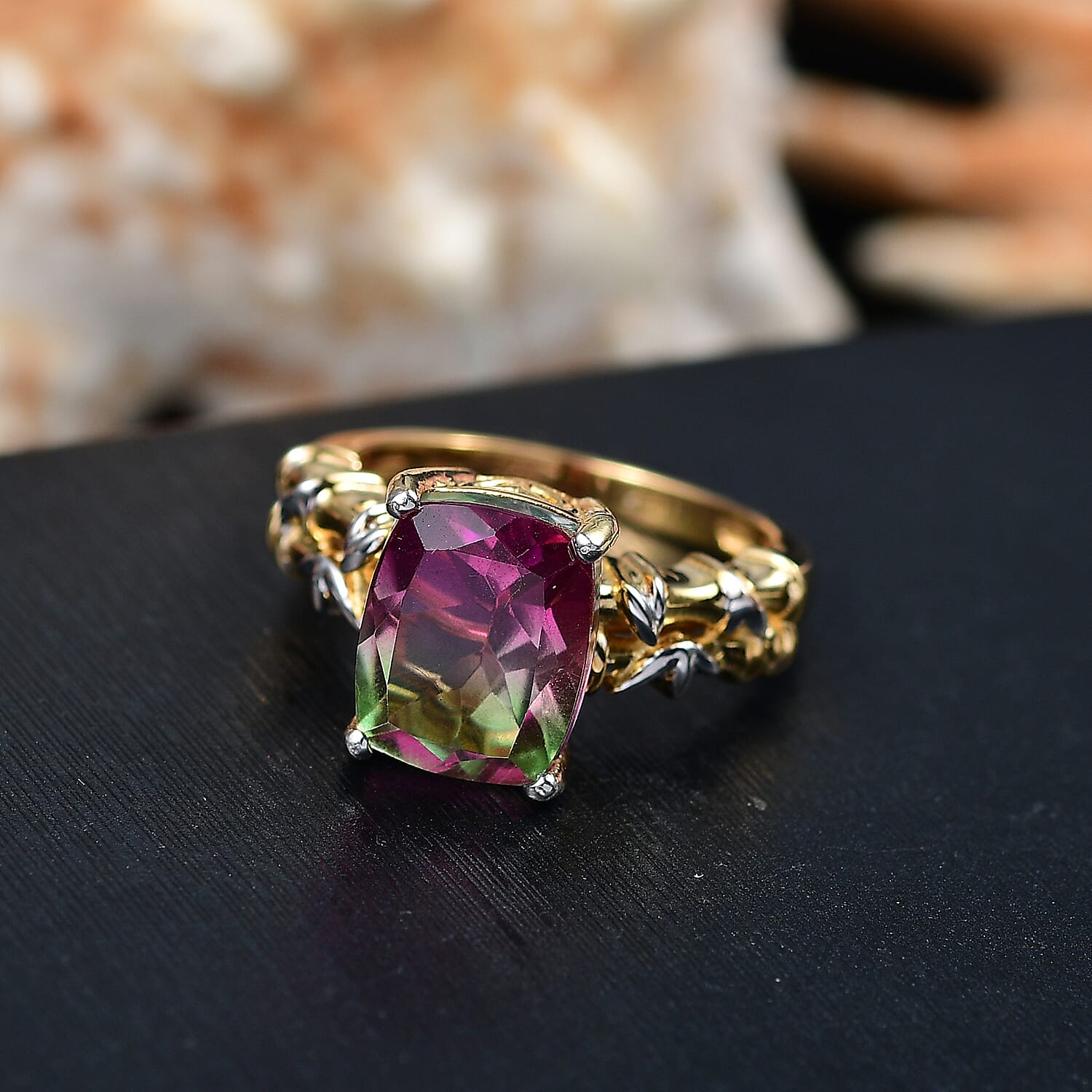 Watermelon Quartz Triplet Solitaire Ring in 18K Vermeil Yellow Gold Plated & Rhodium Overlay Sterling Silver 4.38 Ct.