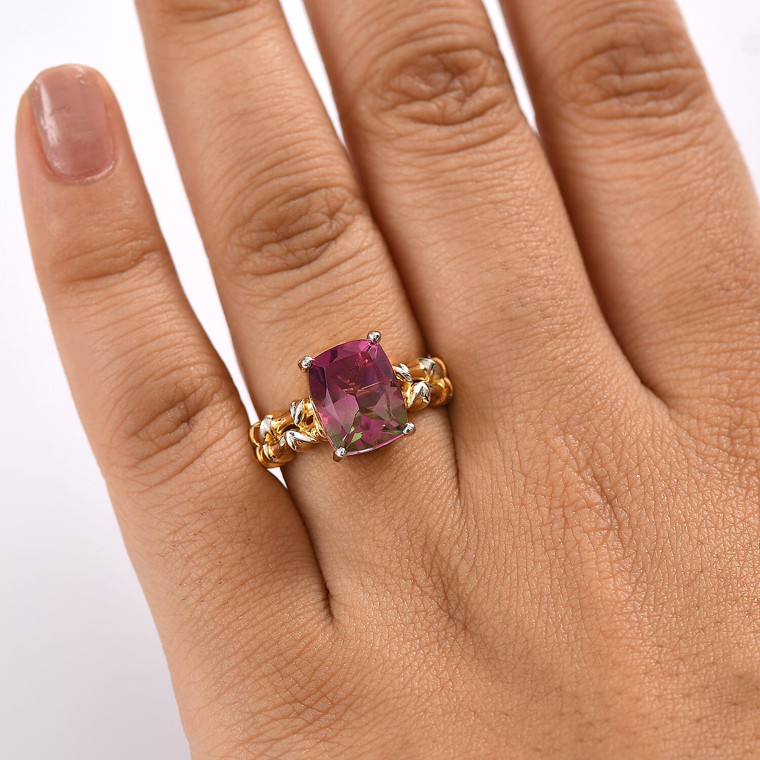 Watermelon Quartz Triplet Solitaire Ring in 18K Vermeil Yellow Gold Plated & Rhodium Overlay Sterling Silver 4.38 Ct.