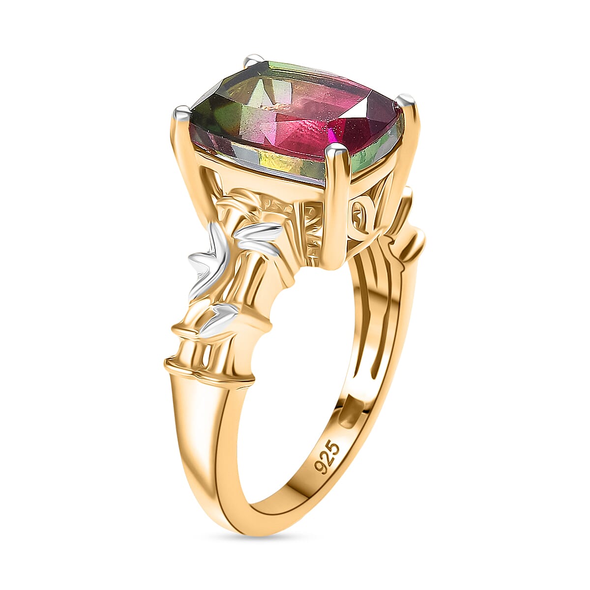 Watermelon Quartz Triplet Solitaire Ring in 18K Vermeil Yellow Gold Plated & Rhodium Overlay Sterling Silver 4.38 Ct.