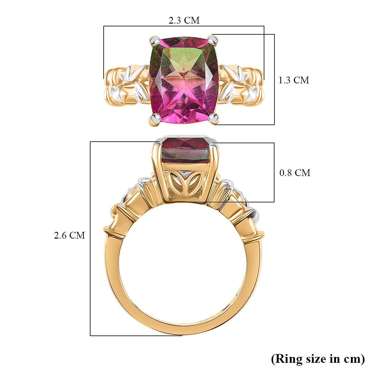 Watermelon Quartz Triplet Solitaire Ring in 18K Vermeil Yellow Gold Plated & Rhodium Overlay Sterling Silver 4.38 Ct.