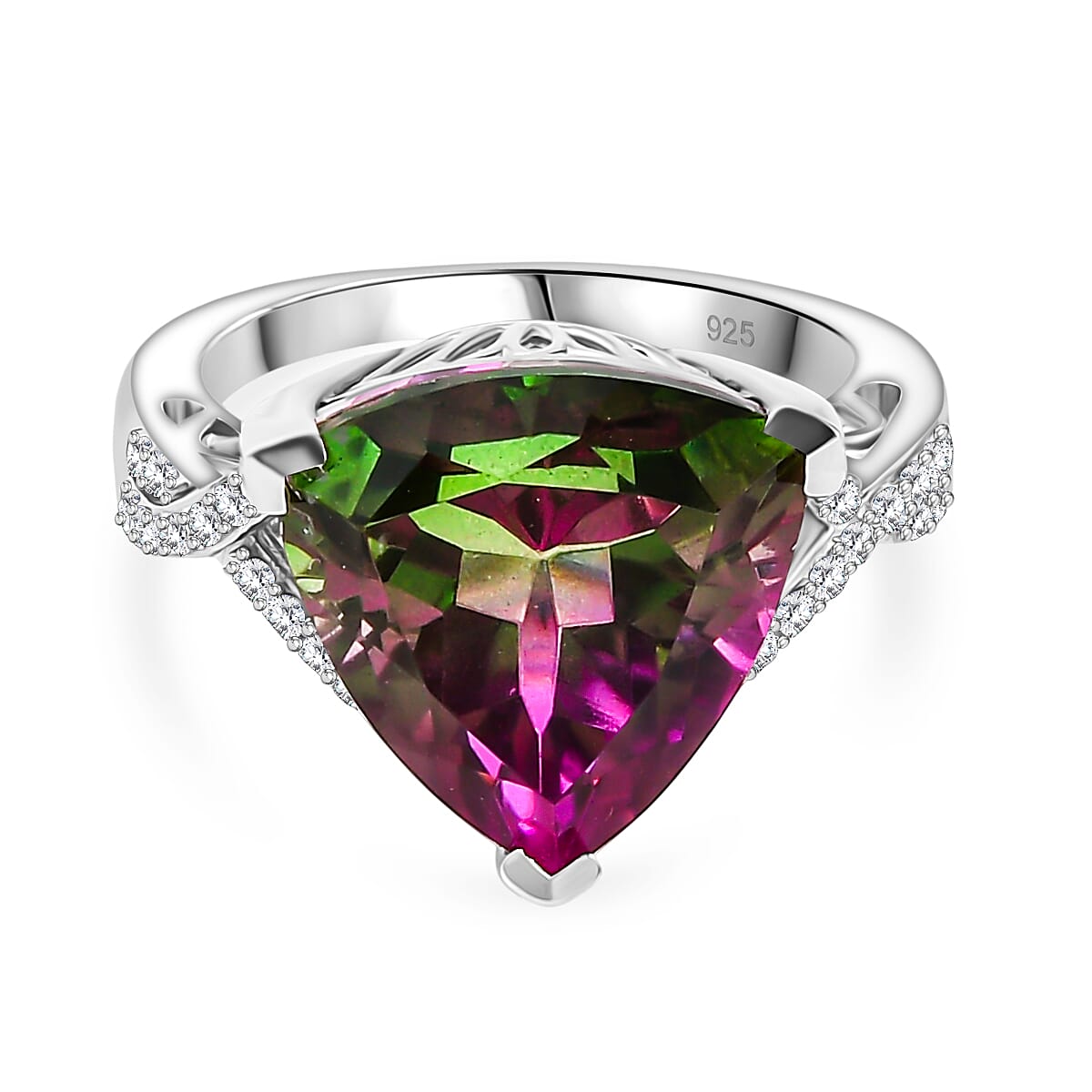 Watermelon Quartz Triplet & White Zircon Ring in Rhodium Overlay Sterling Silver 8.53 Ct.