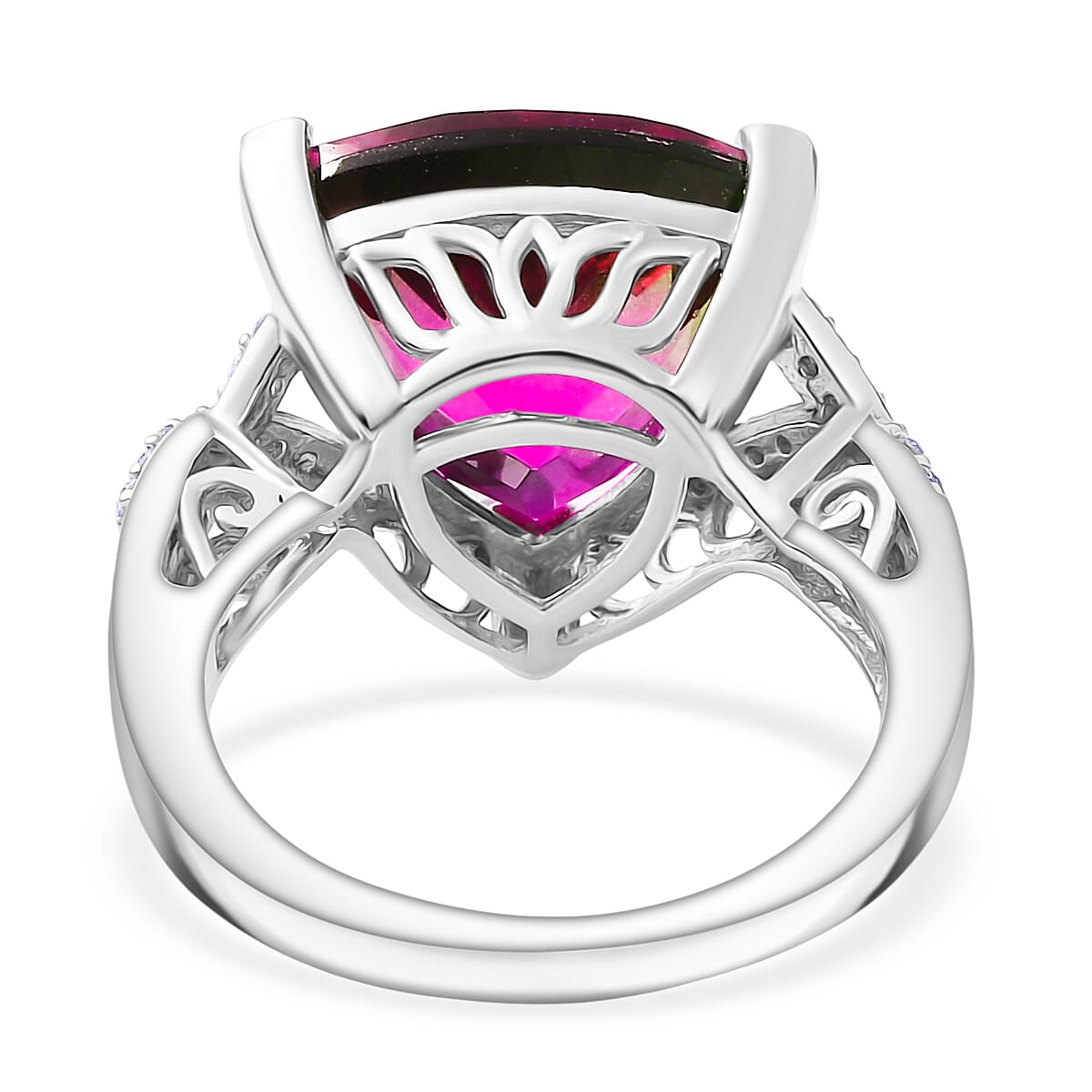 Watermelon Quartz Triplet & White Zircon Ring in Rhodium Overlay Sterling Silver 8.53 Ct.