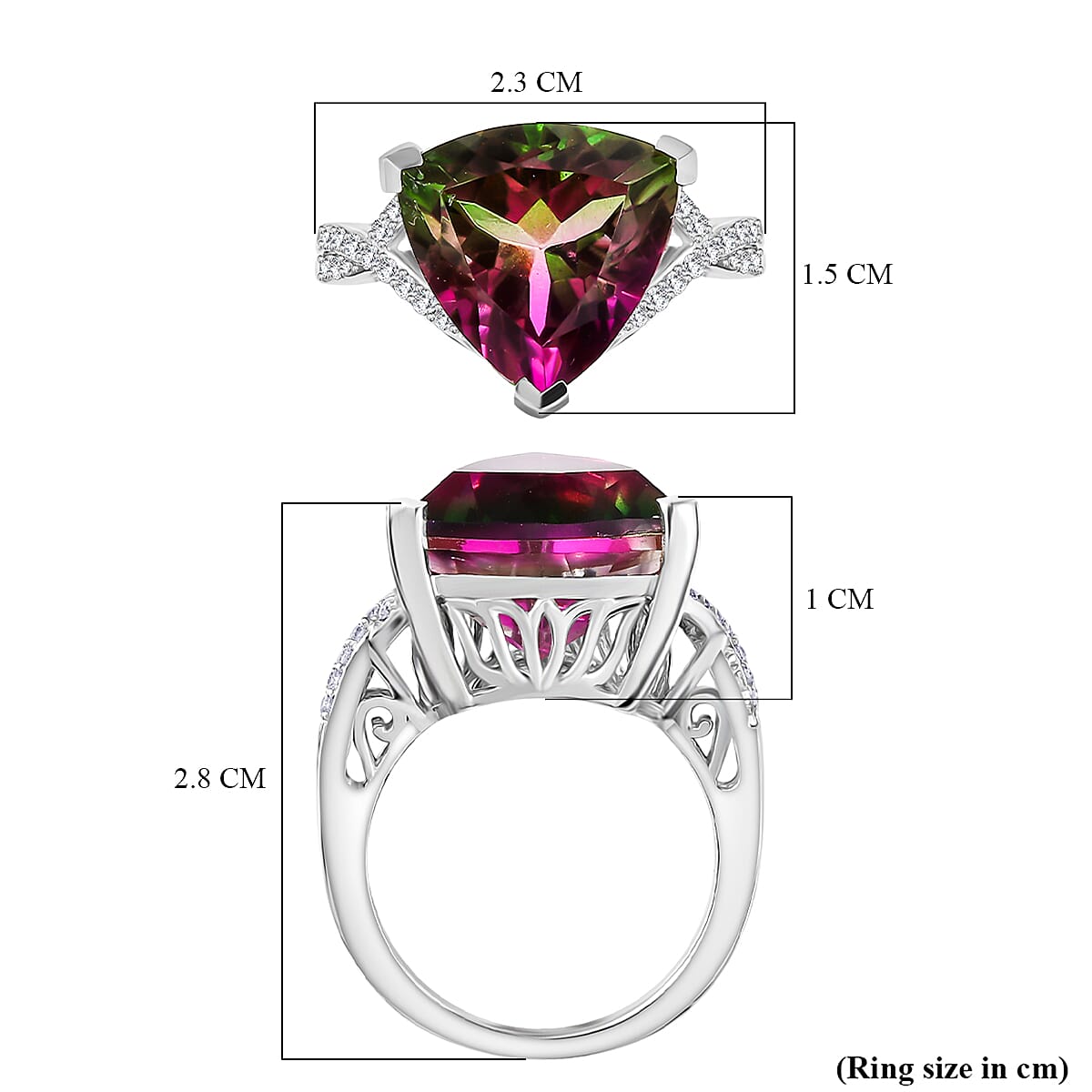 Watermelon Quartz Triplet & White Zircon Ring in Rhodium Overlay Sterling Silver 8.53 Ct.