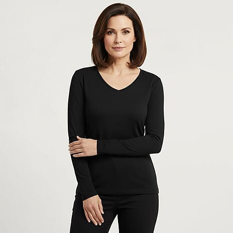 Pure & Natural V-Neck Fleece Lined Top (Size XL) - Black