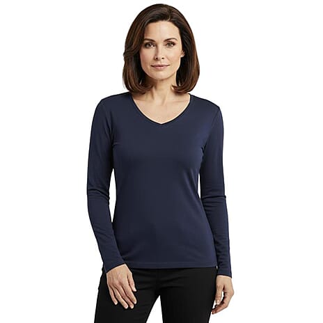 Pure & Natural V-Neck Fleece Lined Top (Size L) - Navy