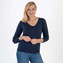 Pure & Natural V-Neck Fleece Lined Top (Size S) - Navy