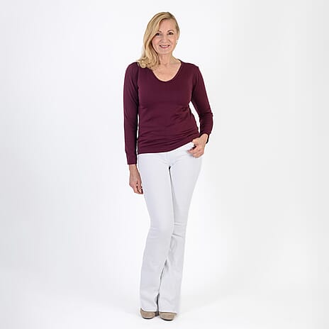 Pure & Natural V-Neck Fleece Lined Top (Size M) - Burgundy