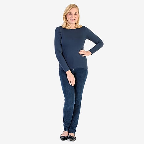 Pure & Natural Round Neck Fleece Lined Top (Size 8 to 10) - Navy