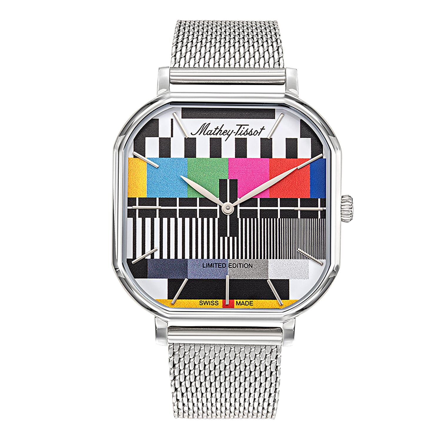 MATHEY TISSOT Monsoon Square TV Ronda Movt. 5ATM WR Multi Dial Mens Watch with Silver Colour Stainless Steel Mesh Strap