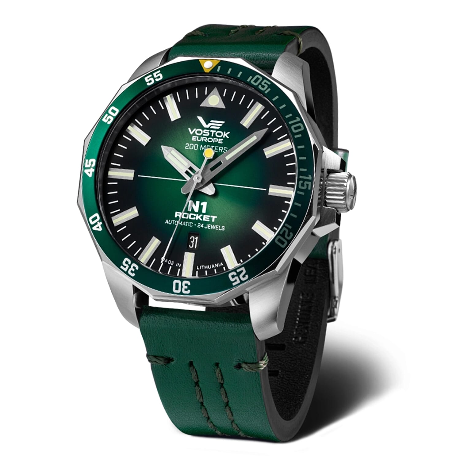 VOSTOK EUROPE N! Rocket Automatic Movt. 20ATM WR Green Dial Mens Watch with Green Colour Strap