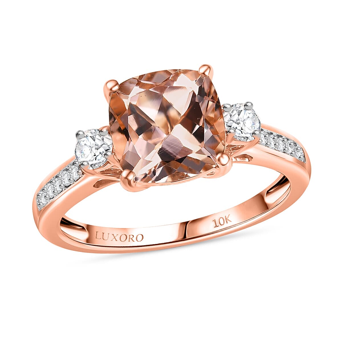 Luxoro 10K Rose Gold AAA Morganite, White Diamond I2 Main Stone With Side Stone Ring, Gold Wt.3.5 Gms  3.059  Ct.