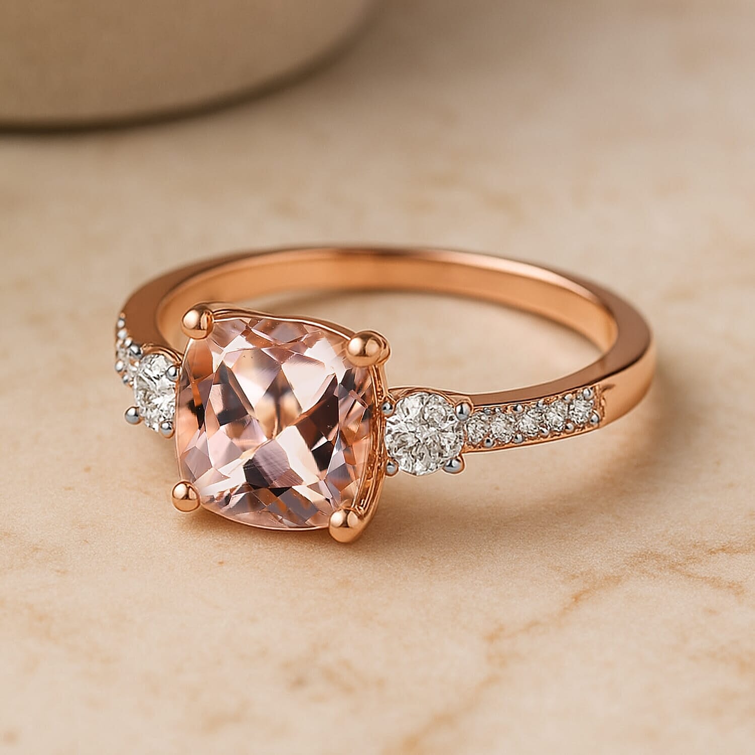 Luxoro 10K Rose Gold AAA Morganite, White Diamond I2 Main Stone With Side Stone Ring, Gold Wt.3.5 Gms  3.059  Ct.