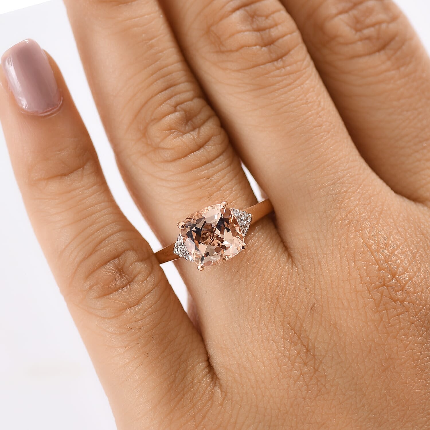 Luxoro 10K Rose Gold AAA Morganite, White Diamond I2 Main Stone With Side Stone Ring, Gold Wt.3.5 Gms  3.186  Ct.