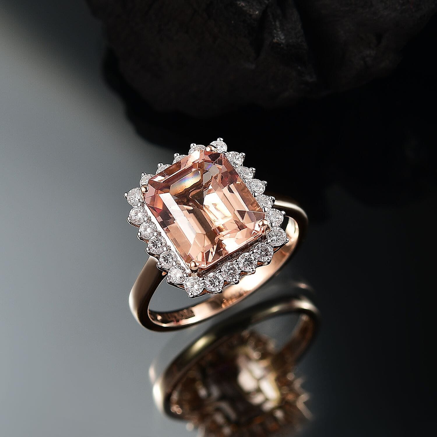 Luxoro 9K Rose Gold AGI Certified AAA Morganite & White Diamond (I2-GH) Ring 6.43 Ct, Gold Wt. 6.34 Gms.