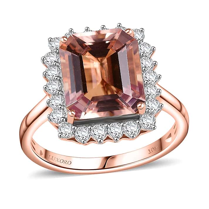 Certified & Appraised LUXORO 10K Rose Gold AAA Morganite, White Diamond I2 Halo Ring, 6.40 Ct.