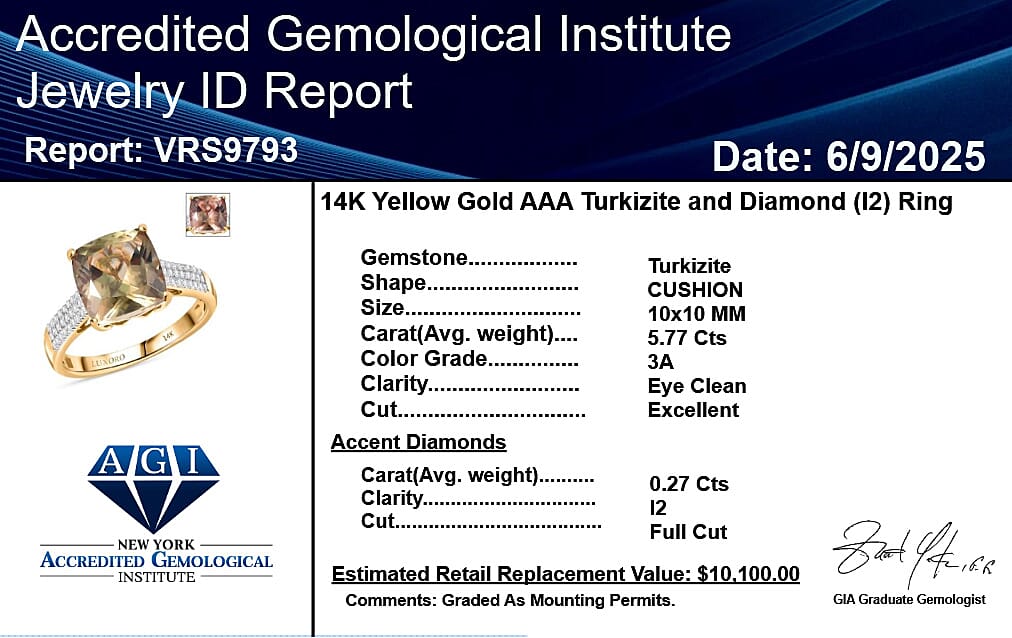 Rhapsody 14K Yellow Gold AAA Turkizite, White Diamond I2 Main Stone With Side Stone Ring, Gold Wt.3.5 Gms  6.035  Ct.