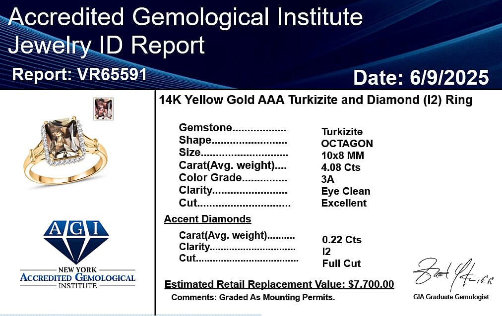 Luxoro 14K Yellow Gold AAA Turkizite, White Diamond I2 Main Stone With Side Stone Ring, Gold Wt.3.5 Gms  4.299  Ct.