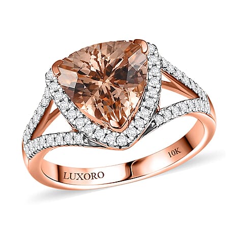 Luxoro 10K Rose Gold AAA Morganite, White Diamond I2 Main Stone With Side Stone Ring, Gold Wt.4.2 Gms  3.484  Ct.