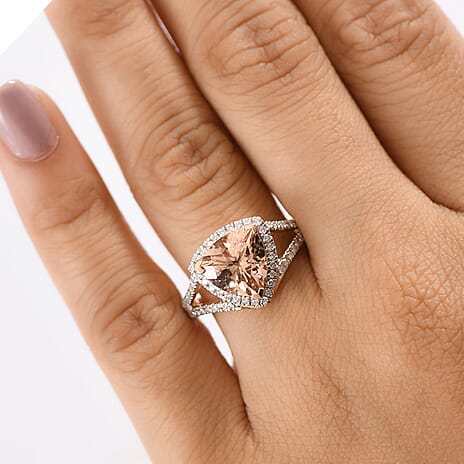 Luxoro 10K Rose Gold AAA Morganite, White Diamond I2 Main Stone With Side Stone Ring, Gold Wt.4.2 Gms  3.484  Ct.