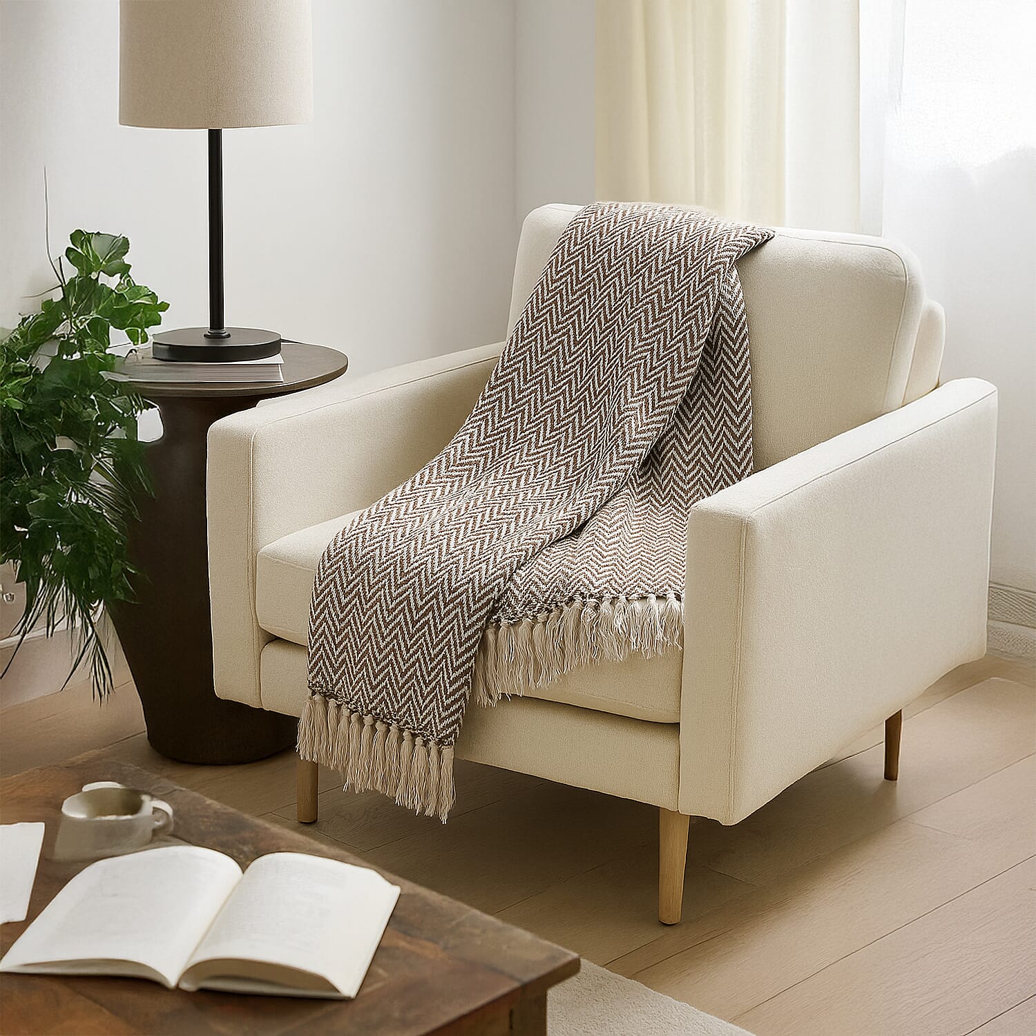 Homesmart Cotton Chevron Throw Blanket (Size 130 x 160 cm) - Taupe & Grey