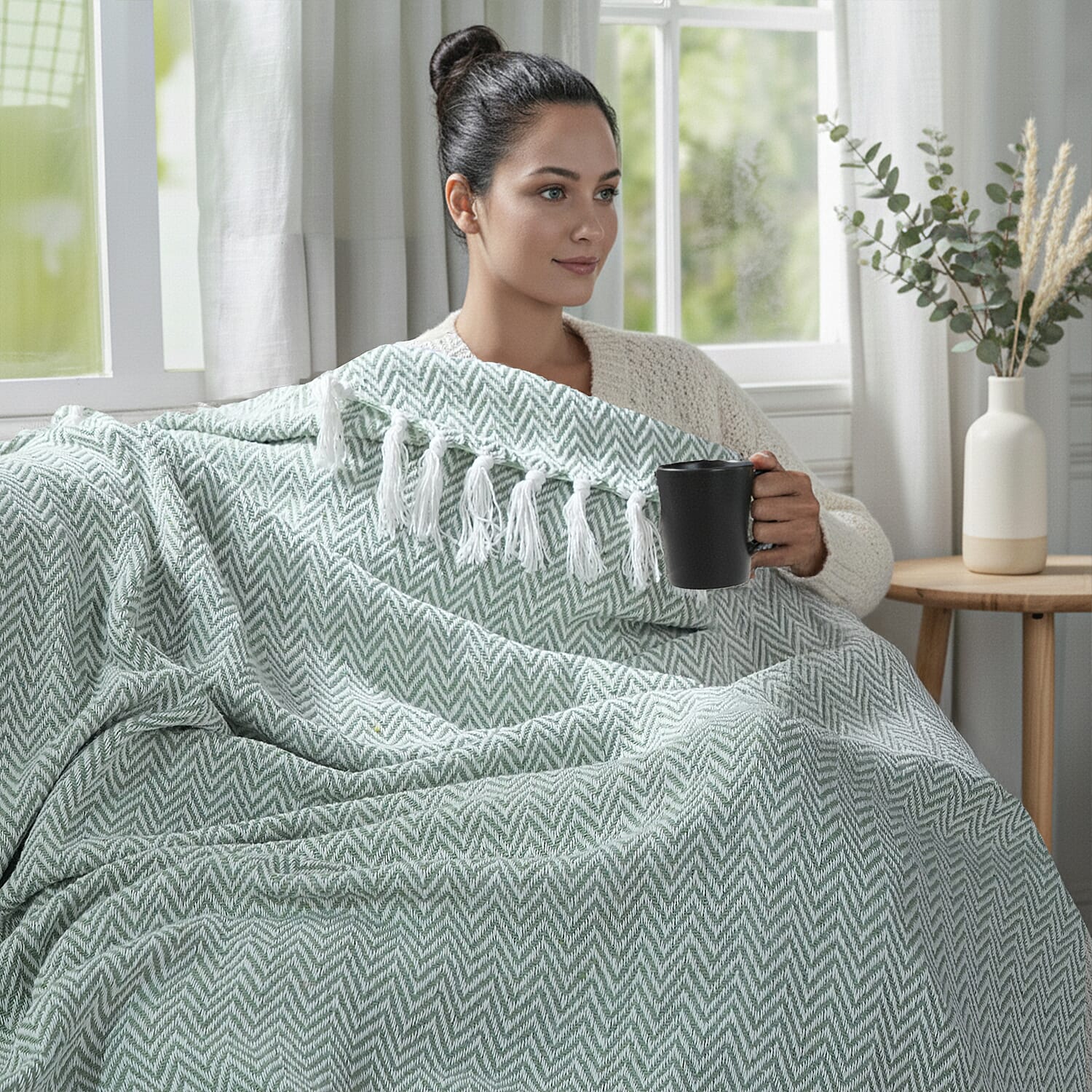 Homesmart Cotton Chevron Throw Blanket (Size 130 x160 cm) - Sage Green & Grey