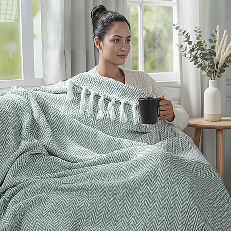 Homesmart Cotton Chevron Throw Blanket (Size 130 x160 cm) - Sage Green & Grey